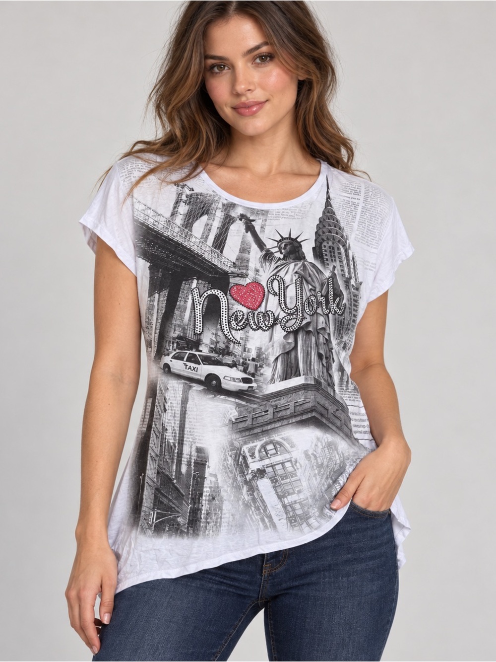 Sweet Gisele White New York Graphic Rhinestone Scoop Neck Cap Sleeve Tee L NWT